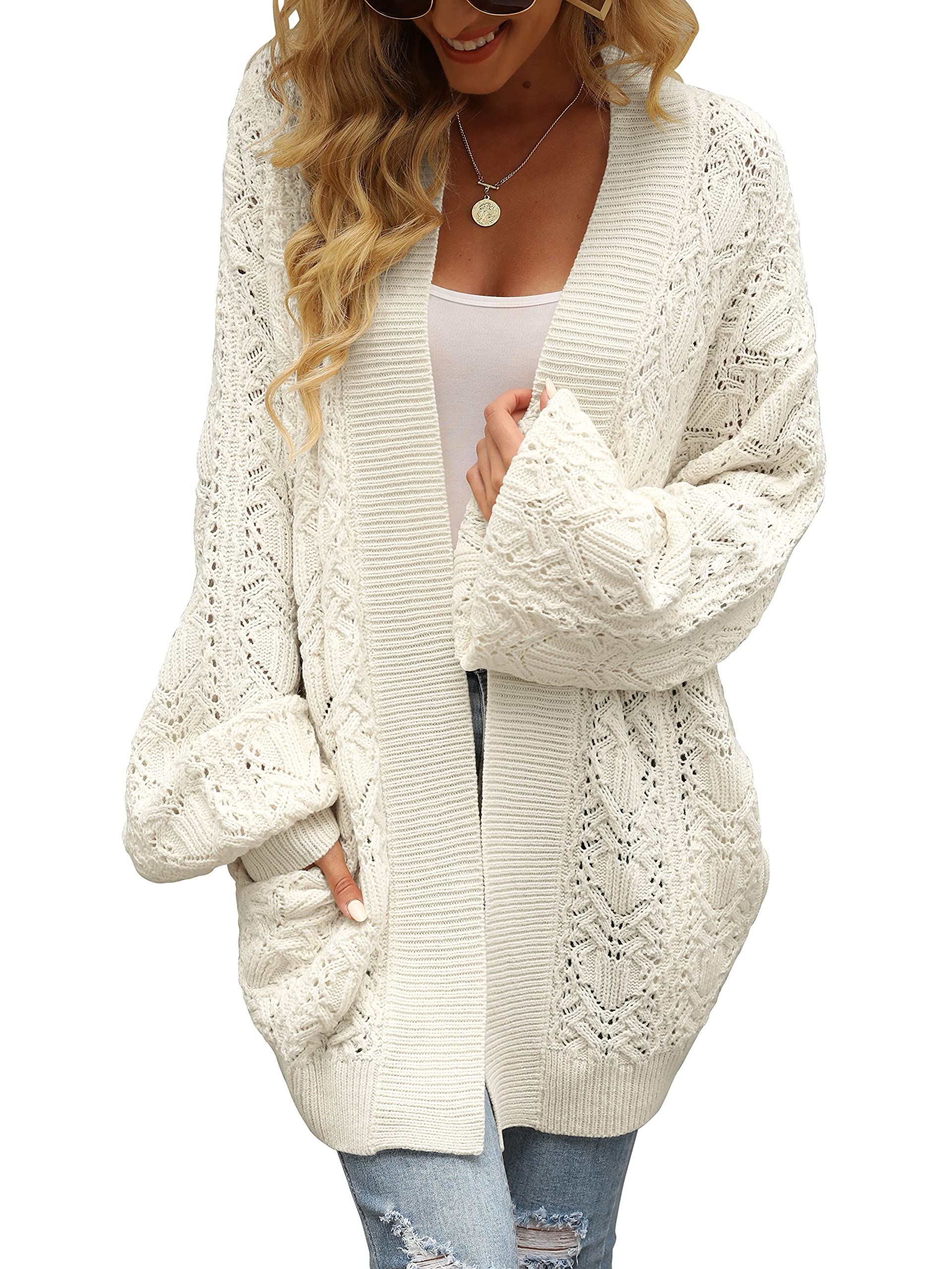 ANRABESS Women's Long Sleeve Cable Knit Open Front Boho Crochet Oversized Casual Cardigan Sweater Ou | Amazon (US)