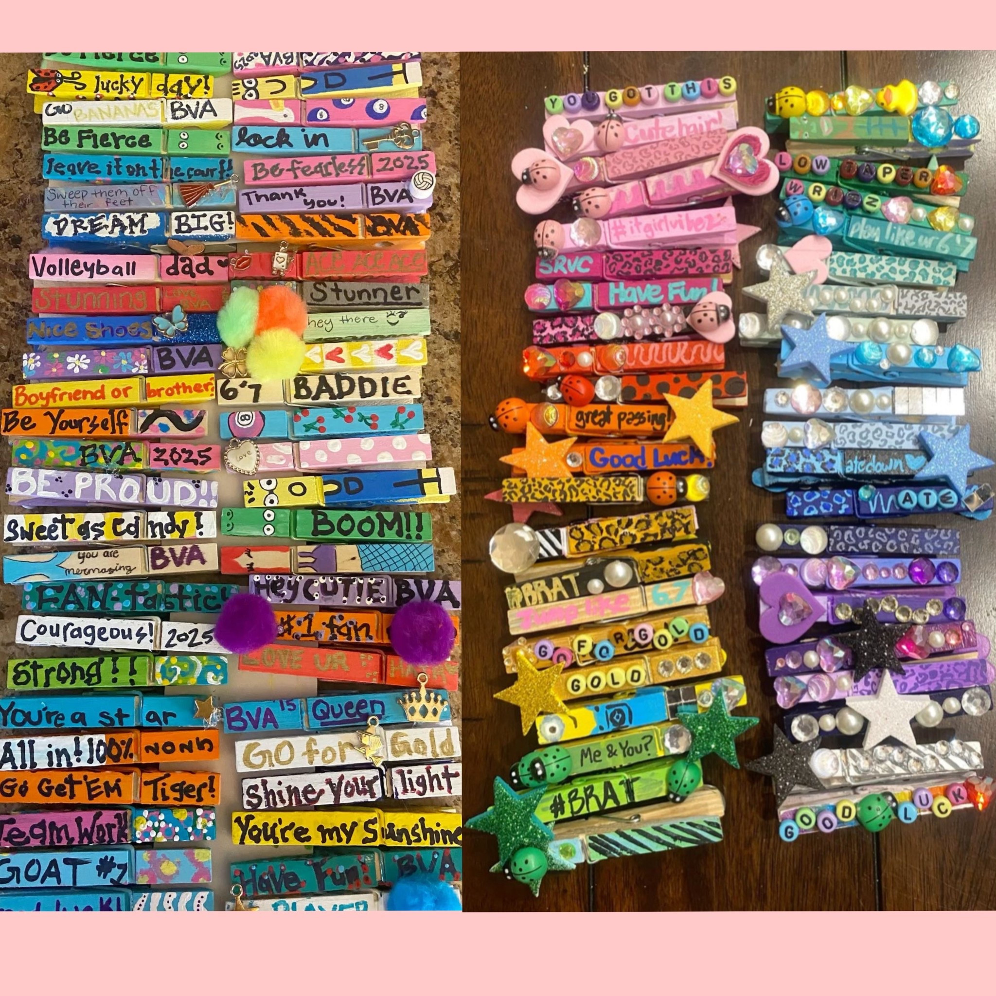 DIY Clothes Pins to “pin” people at sports events, church, softball, cheer, volleyball, football, etc. These are so fun to make & when you get “clipped” makes people so happy!! There are so many variations you can make!! 

#sportsmom #sports #pins #clothespins #pinning #clipped #kidsdiy #kidscraft #kidsfun #sportsfun #sports #summerdiy 

#LTKFamily #LTKTravel #LTKKids