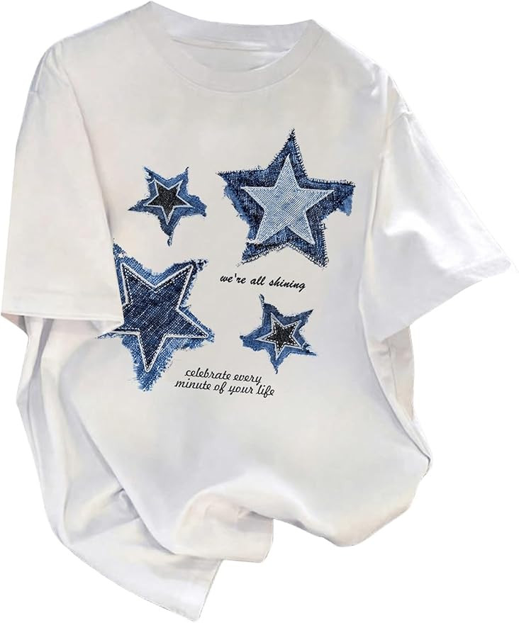 Girl's Drop Shoulder Letter Star Print Tee Tops Loose Short Sleeve Crew Neck T Shirts | Amazon (US)