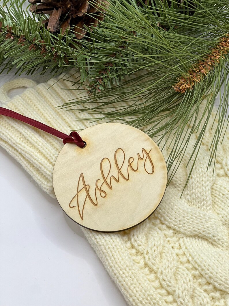 Personalized Christmas Stocking Tag, Wood Stocking Tag, Modern Christmas Stocking Tags, Round Per... | Etsy (US)