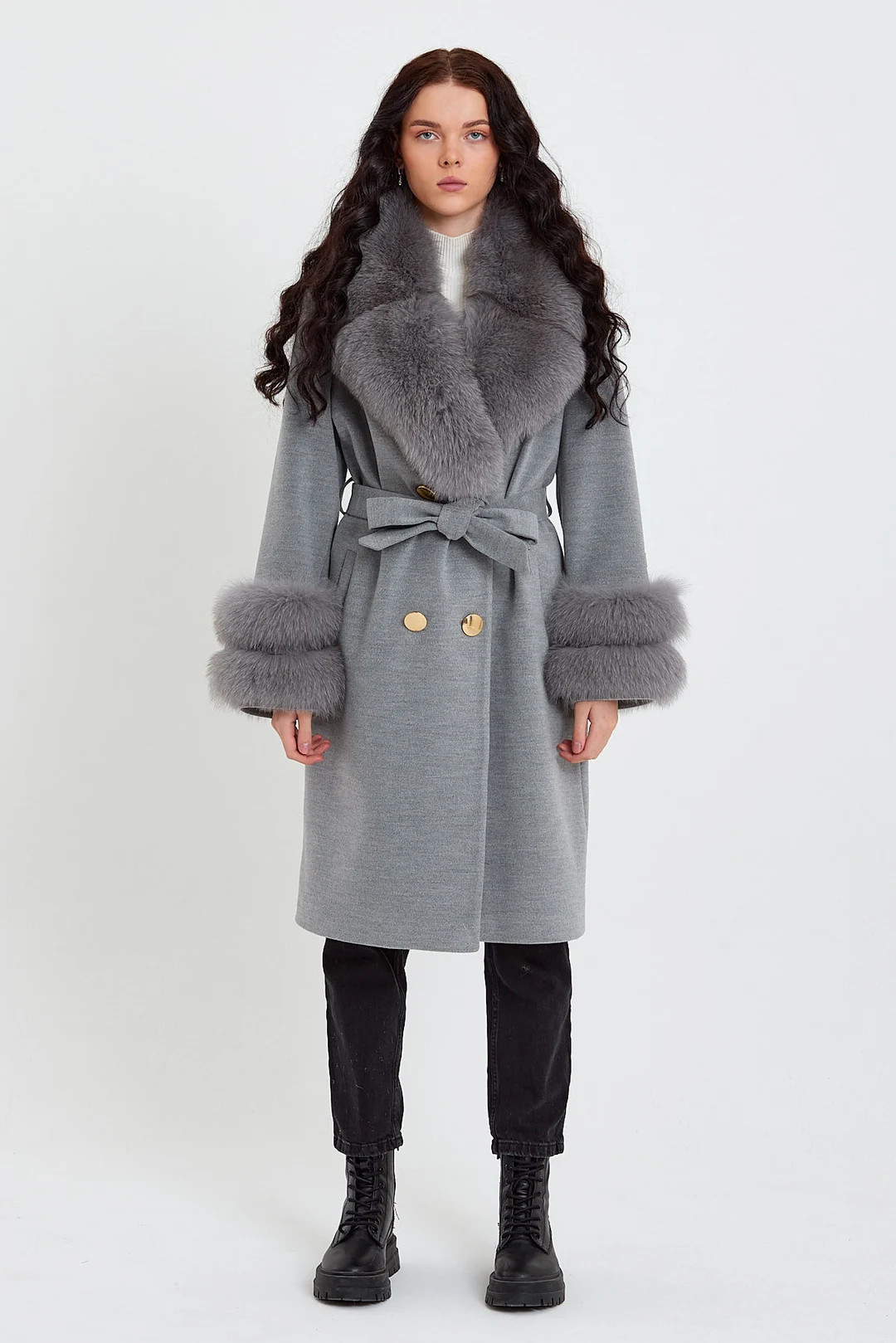 Gray Cashmere Coat Collar and  Sleeves Double Line Fox Fur, Double Breasted Wool coat women, remo... | Etsy (US)