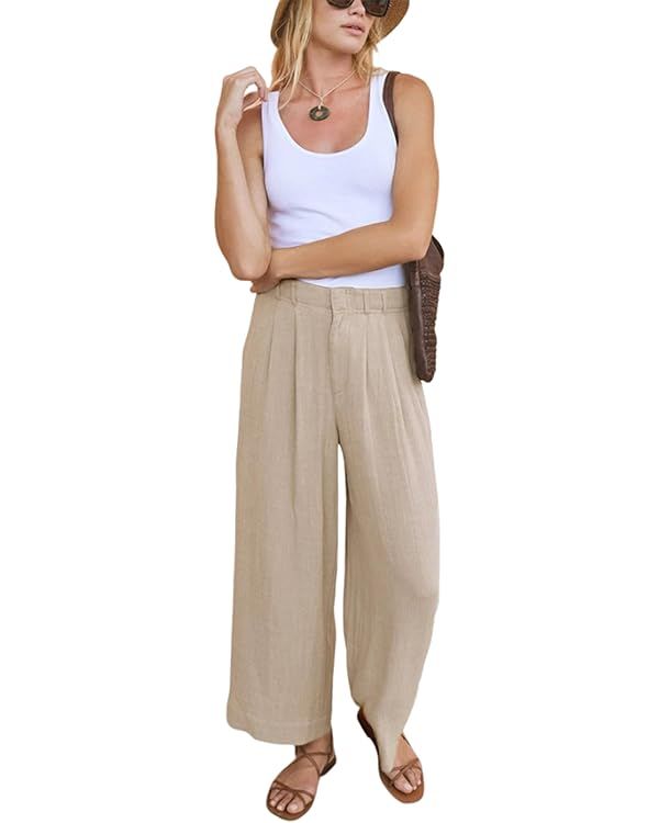 Hooever High Waist Wide Leg Linen Pants for Women Casual Palazzo Pants Office Work Flowy Dress Pa... | Amazon (US)