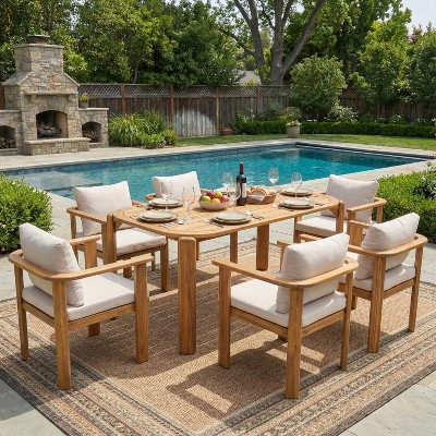 Christopher Knight Home Kaja Outdoor 7 Piece Acacia Wood Dining Set, Teak Finish Frame With Beige Cushion | Target