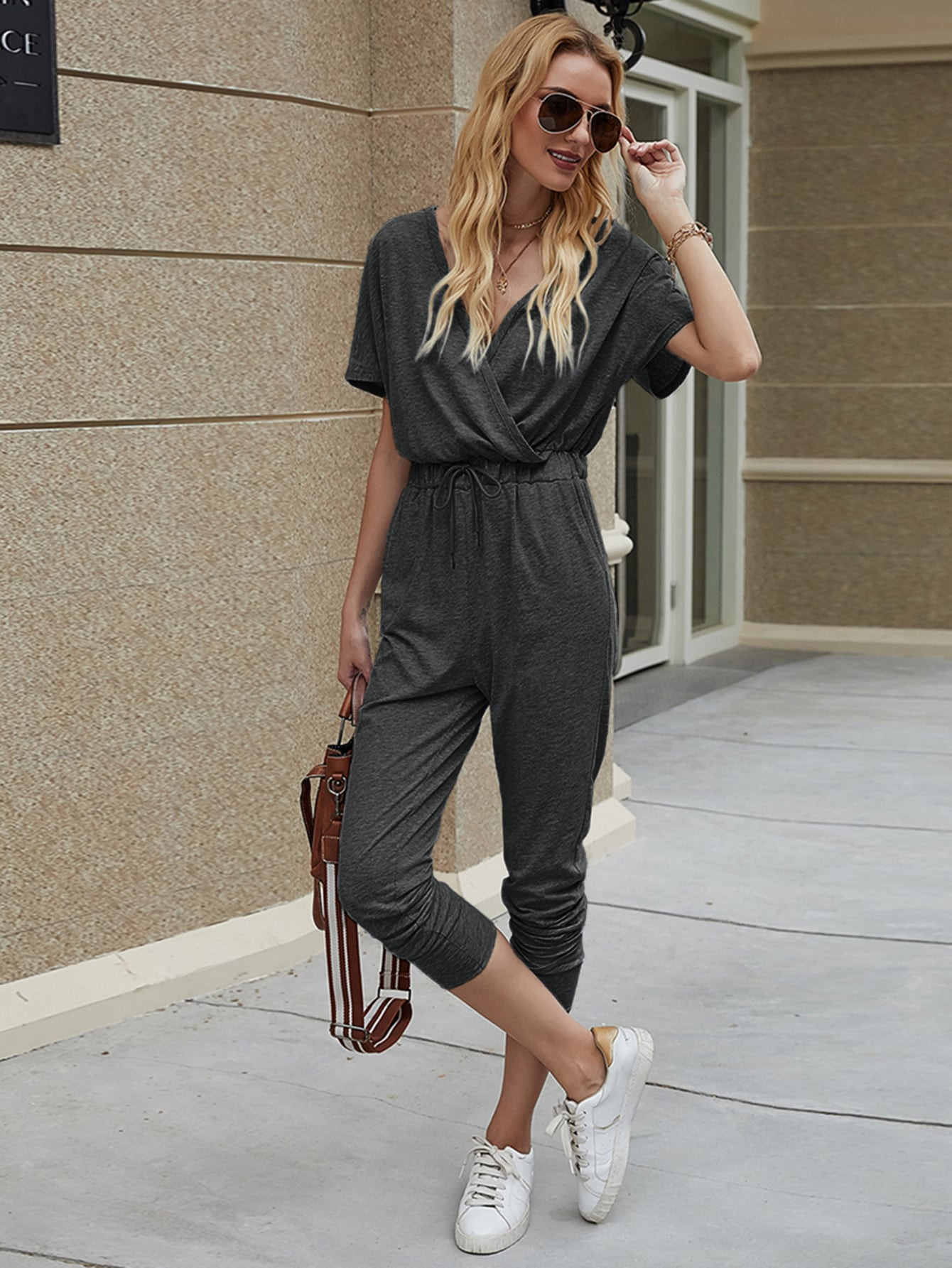 Surplice Front Batwing Sleeve Drawstring Jumpsuit | SHEIN