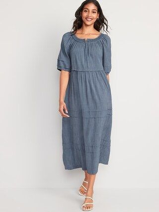 Puff-Sleeve Chambray Smocked Midi Swing Dress for Women | Old Navy (US)