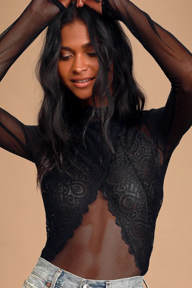 Show Stopping Black Sheer Lace Long Sleeve Bodysuit | Lulus (US)