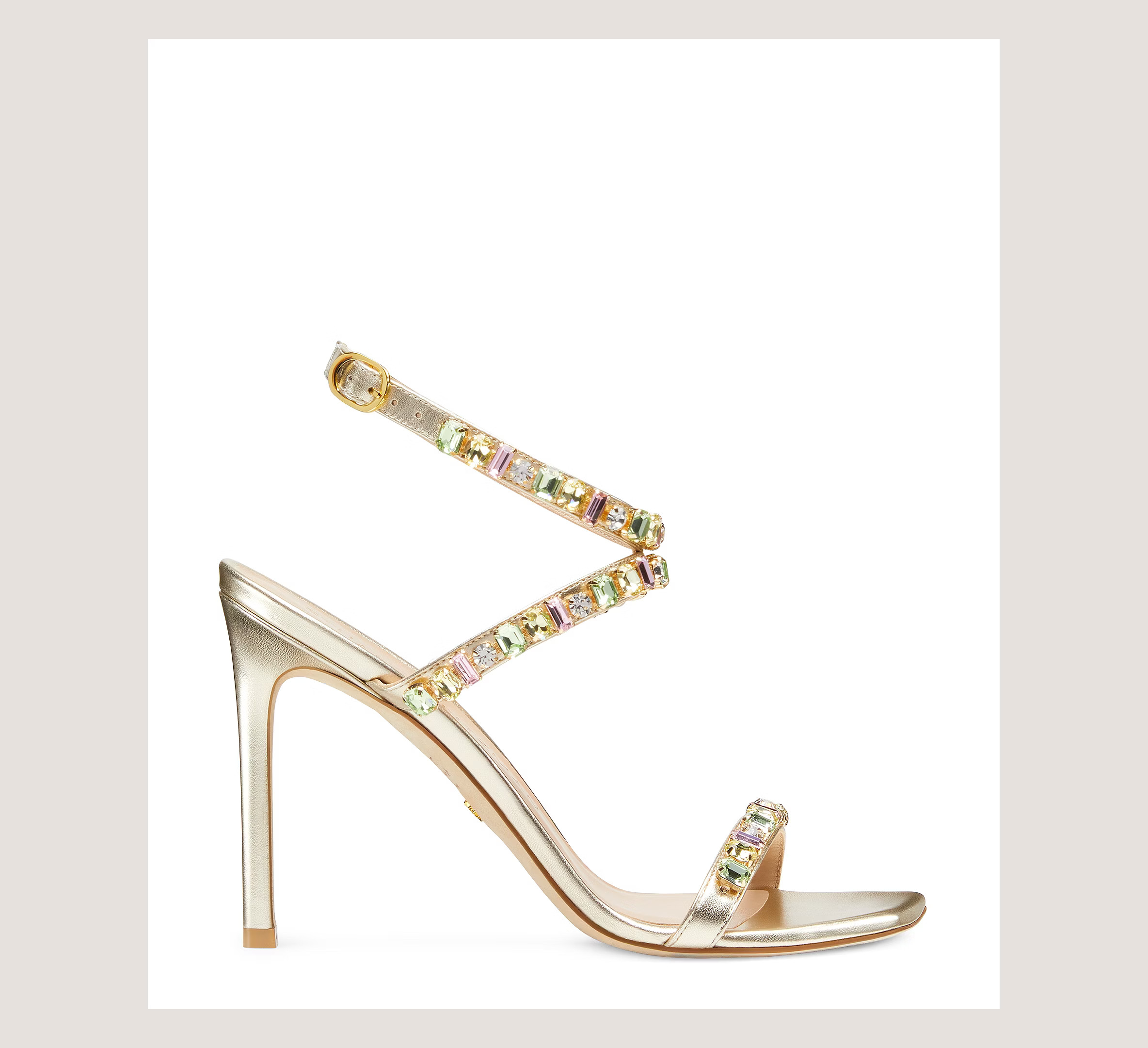 Stuart Weitzman Jaide 100 Gem Sandal High Heel Sandals, Platino Gold Liquid Metallic Leather, Size: 8.5 Wide | Stuart Weitzman (US)