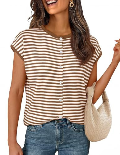 MEROKEETY Women's Summer Lightweight Cardigan Tops 2026 Cap Sleeve Business Casual Blouse Button Down Trendy Shirt, StripeBrown, Small | Amazon (US)