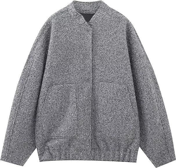 Lumister Women's Wool Blend Streetwear Bomber Jacket Button Closure Stand-Collar Shacket Oversize... | Amazon (UK)