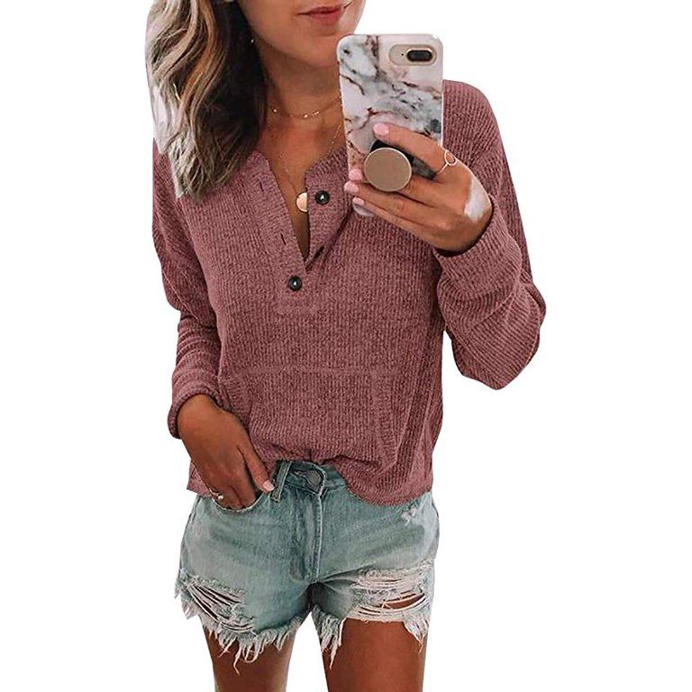 Womens Henley Shirts Button Down Long Sleeve Ribbed Knit Pullover Tops With Pocket - Walmart.com | Walmart (US)