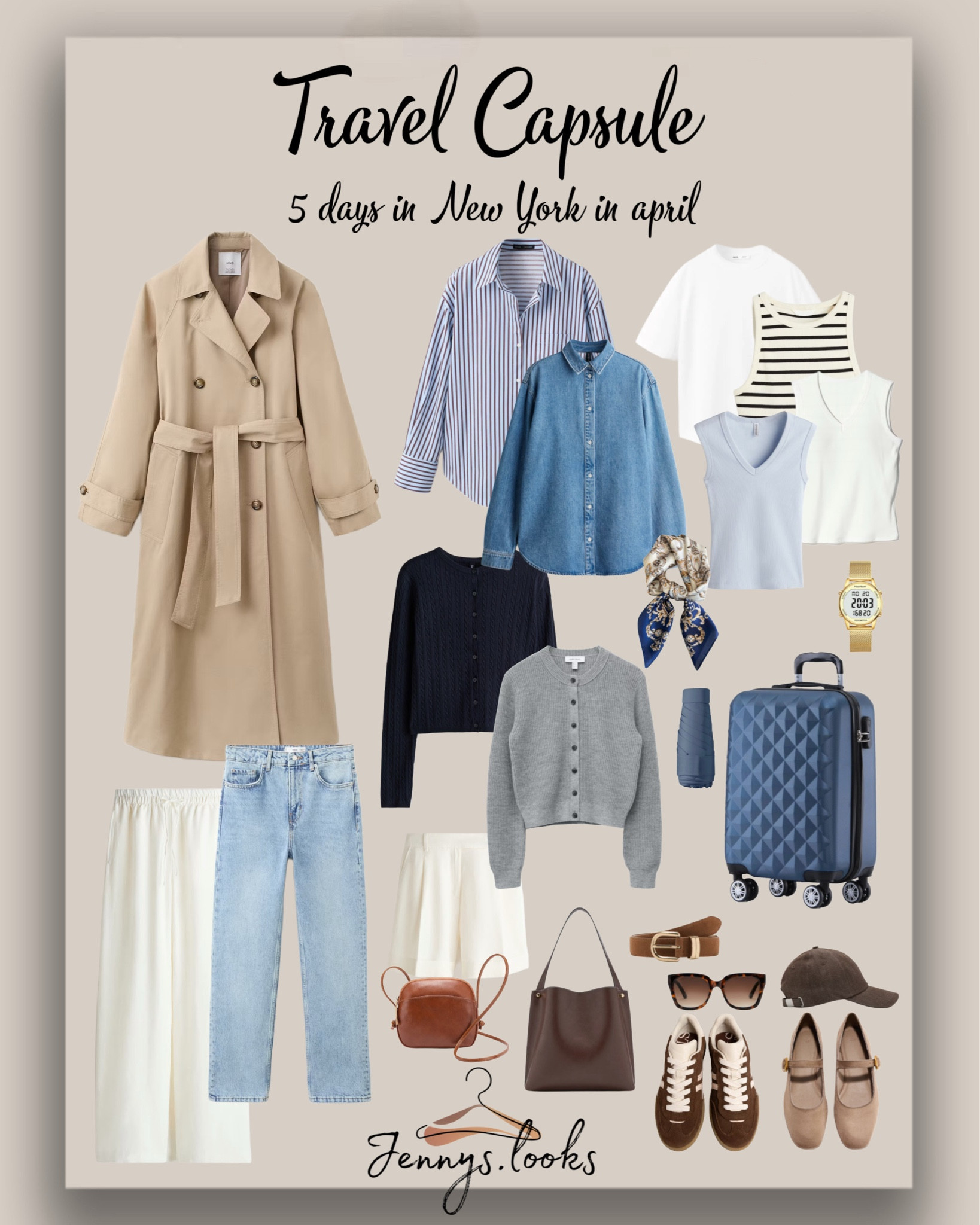 NY
Travel Capsule for 5 days in New York in end of April

The weather will be changeable between 15-25 degrees
Light drizzle can also occur

Important: Flat shoes, layer, travel umbrella & cap
Have a nice trip ♥️

#LTKOver40 #LTKTravel #LTKootd