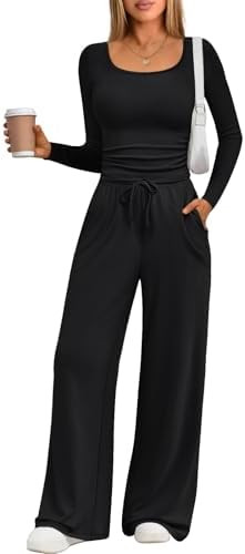 Trendy Queen 2 Piece Scoop Neck Lounge Set Womens Wide Leg Pants Side Ruching Slightly Crop Top S... | Amazon (US)