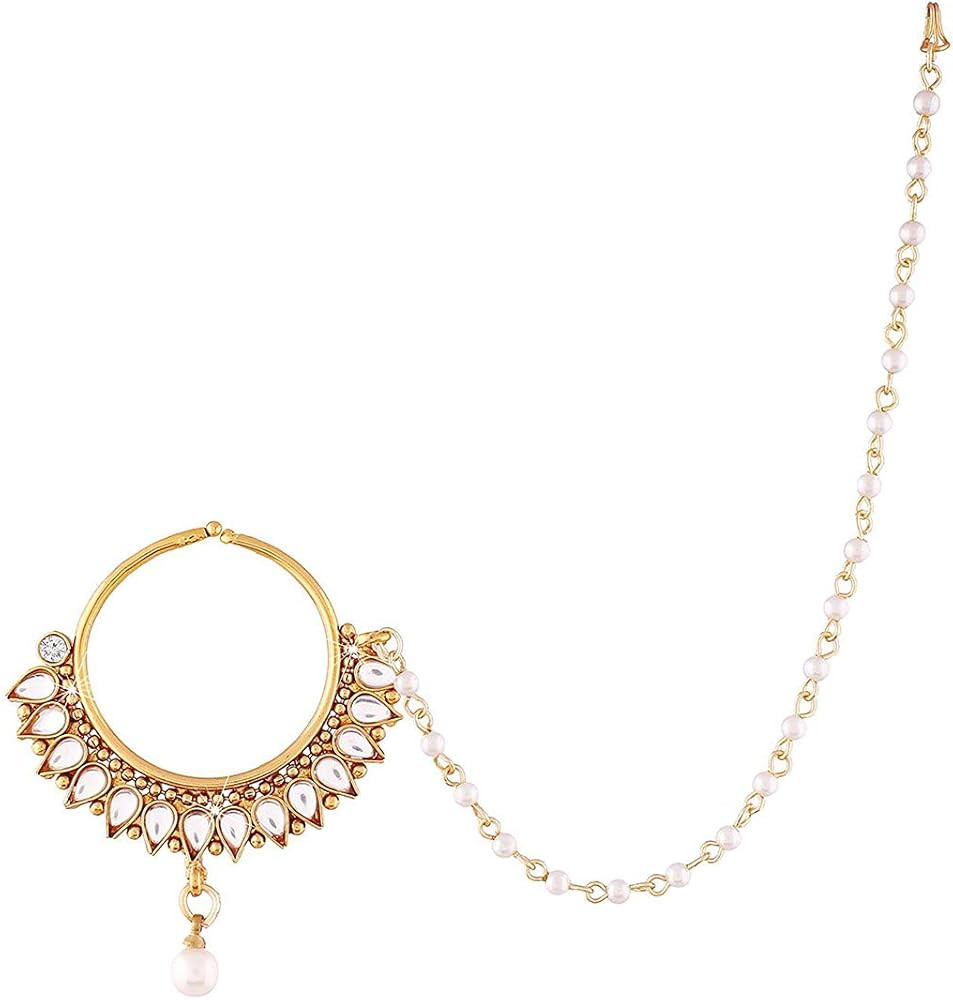 Aheli Classy Wedding Party Wear Nose Ring Nath with Pearl Chain Traditional Saree Jewelry for Ind... | Amazon (US)