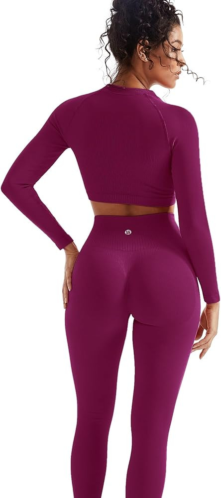 SUUKSESS Women 2 Piece Workout Sets Hidden Scrunch Hip Lifting Seamless Leggings Long Sleeve Yoga... | Amazon (US)