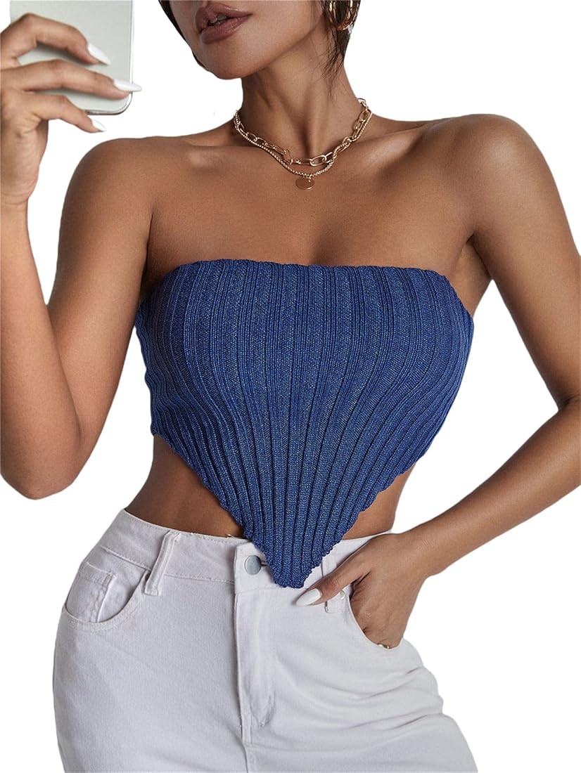 Verdusa Women's Strapless Asymmetrical Hem Ribbed Knit Crop Bandeau Tube Top | Amazon (US)