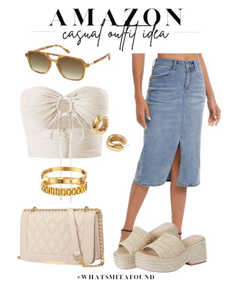 Amazon outfit idea, casual outfit idea, spring outfit idea, summer outfit idea, strapless top, cutout top, beige top, keyhole top, summer top, midi skirt, denim midi skirt, light wash denim skirt, raffia sandals, straw sandals, heeled sandals, beige purse, crossbody purse, trendy purse, quilted purse, bracelet set, gold bracelets, gold hoops, chunky hoops, tortoise shell sunglasses, aviator sunglasses, trendy sunglasses

#LTKitbag #LTKfindsunder50 #LTKshoecrush