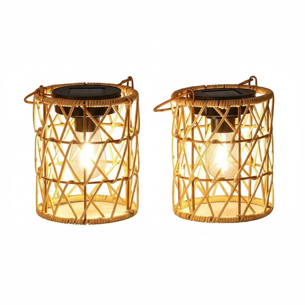 FINEAK - 5.9"" 2 Pack Rattan Solar Hanging Lanterns - Waterproof with Handle Outdoor Bright - Brown | Best Buy U.S.