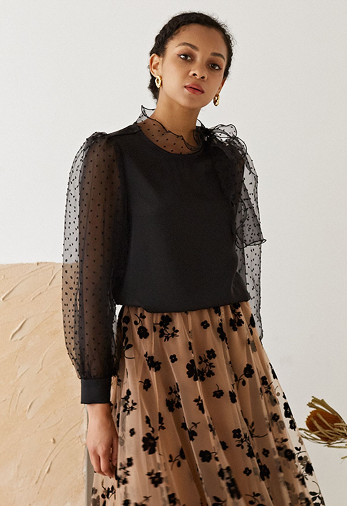 Flock Dots Organza Bubble Sleeve Bowknot Satin Shirt in Black | Chicwish