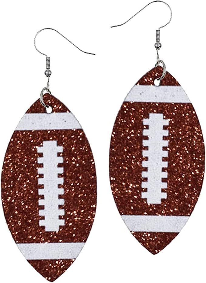 Football Earrings for Women - Glitter Faux Leather Football Team Mom Gifts - Single Layer Footbal... | Amazon (US)