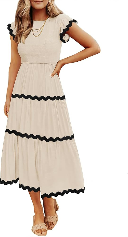 ZESICA Womens Summer Casual Smocked Midi Dress 2026 Flutter Short Sleeve High Waist Tiered Flowy ... | Amazon (US)