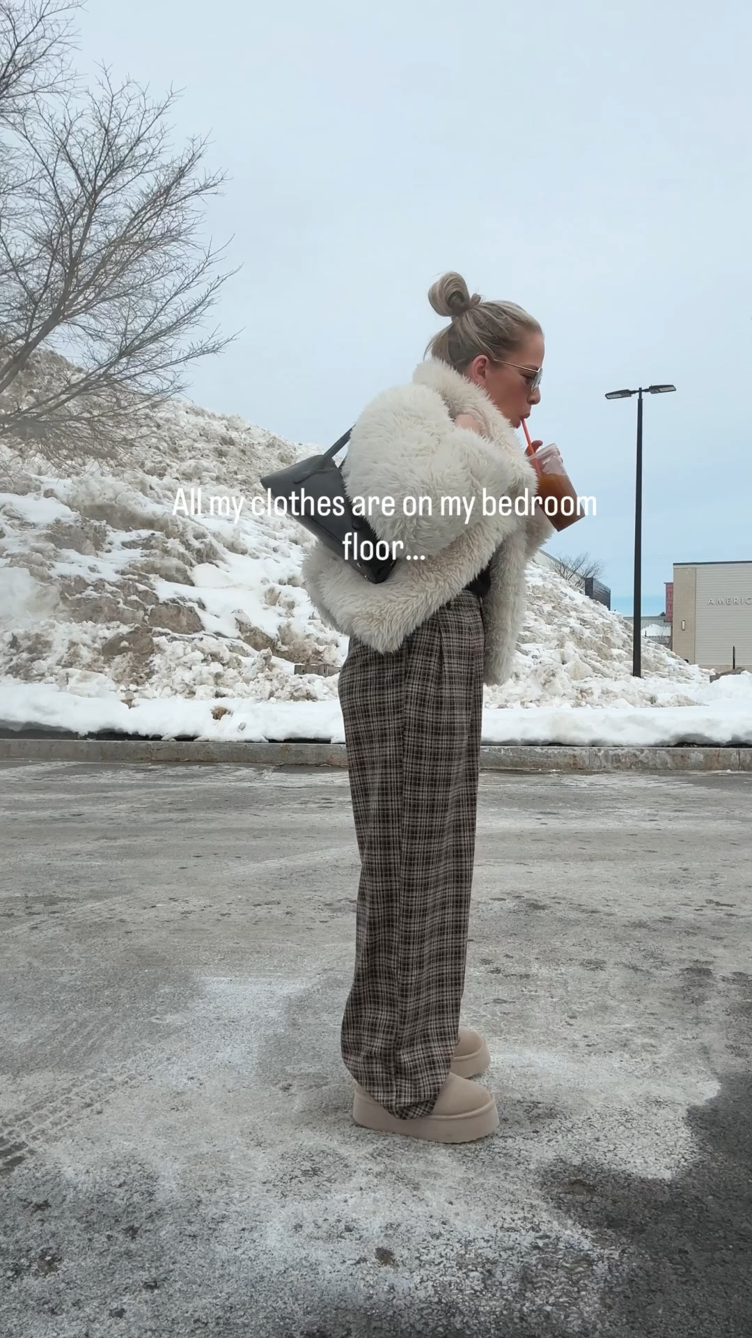 Plaid trousers. So comfortable! Like sweats. Melie Bianco Dakota bag. 
#ltkitbag #furcoat 

#LTKmomlife #LTKWorkwear #LTKootd