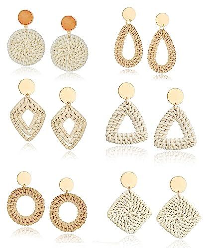 Tornito 4-6 Pairs Rattan Earrings Straw Wicker Woven Dangle Earrings Geometric Statement Drop Stu... | Amazon (US)