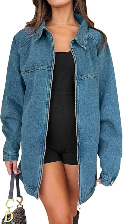 Tankaneo Womens Oversized Denim Jackets Casual Zip up Spring Long Sleeve Jean Jacket with Pocket | Amazon (US)