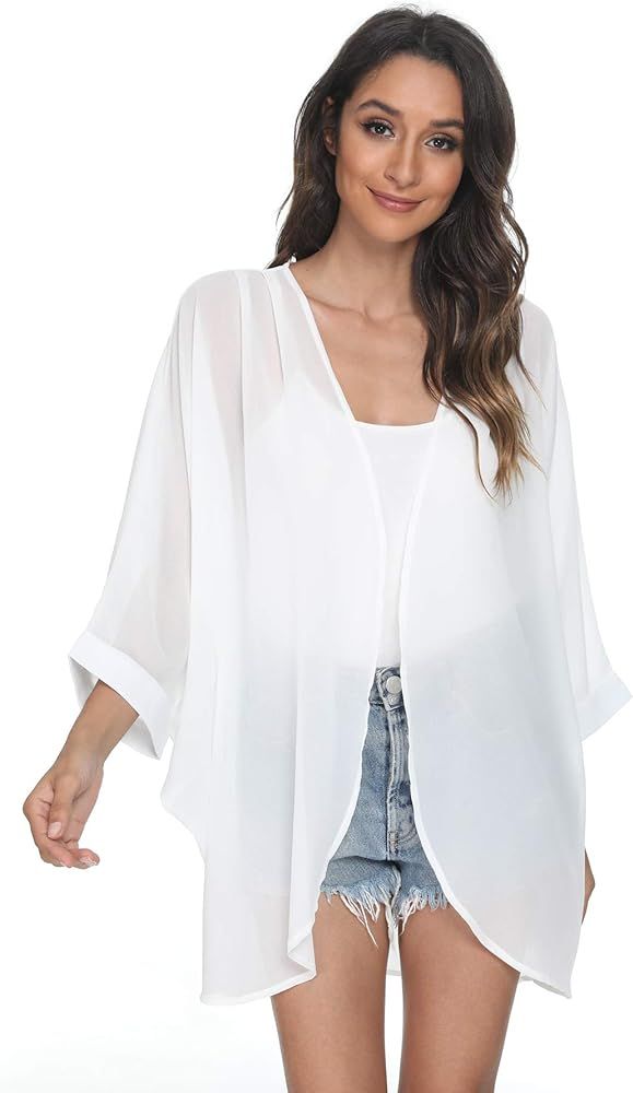 Tribear Women's Sheer Chiffon Kimono Cardigan Solid Casual Capes Beach Cover up | Amazon (US)