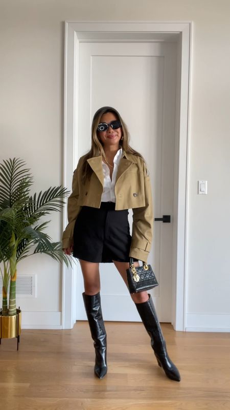 How to style a cropped trench 6 ways, Abercrombie denim, white tee, button down shirt, faux leather skirt, knee high boots, skims dupe dress, Amazon finds, Amazon sunglasses, true to size 

#LTKSeasonal #LTKstyletip