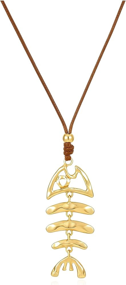 Gold Plated Chunky Pendant Long Necklace For Women, 3 Pendant Styles - Fish Bone, Crescent & Hear... | Amazon (US)