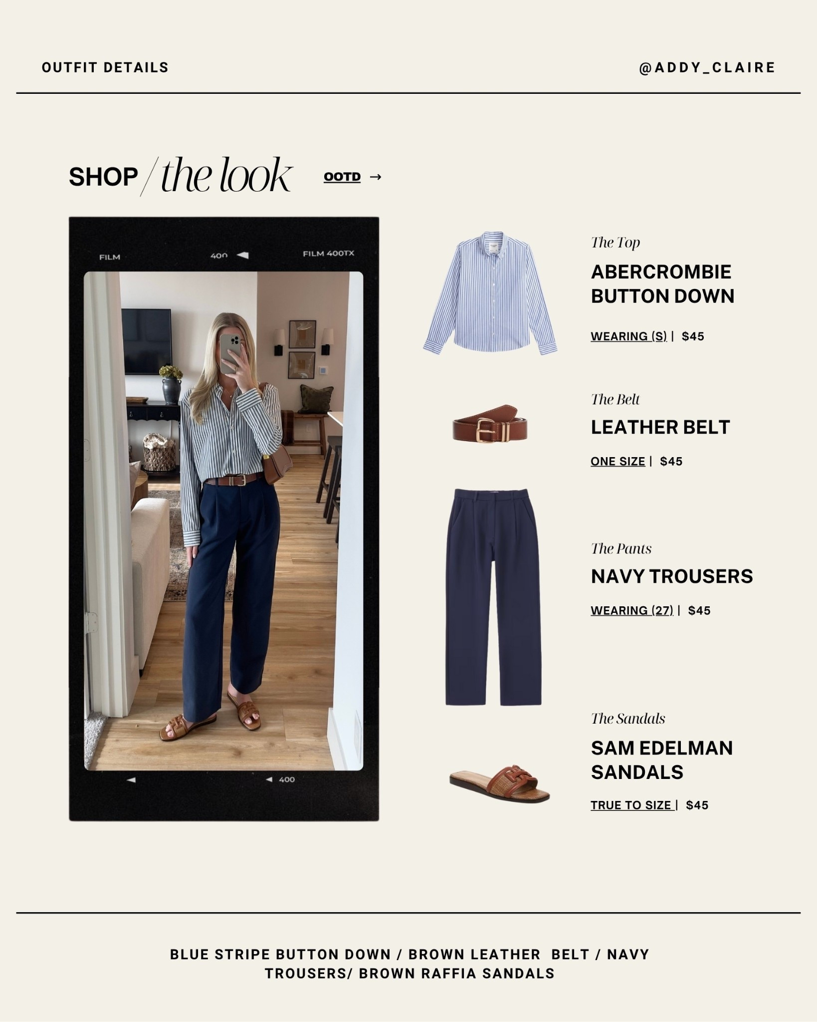 Easy work outfit formula with a striped button-down, navy trousers, brown accessories, and flat sandals.

work outfit / office outfit / business casual / navy trousers / striped button down / Abercrombie / workwear / classic style / spring work outfit combo

#LTKootd #LTKWorkwear #LTKTall
