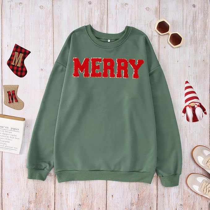 BOUTIKOME Merry Christmas Sweatshirts for Women Glitter Patch Merry Letter Shirts Chenille Patch ... | Amazon (US)