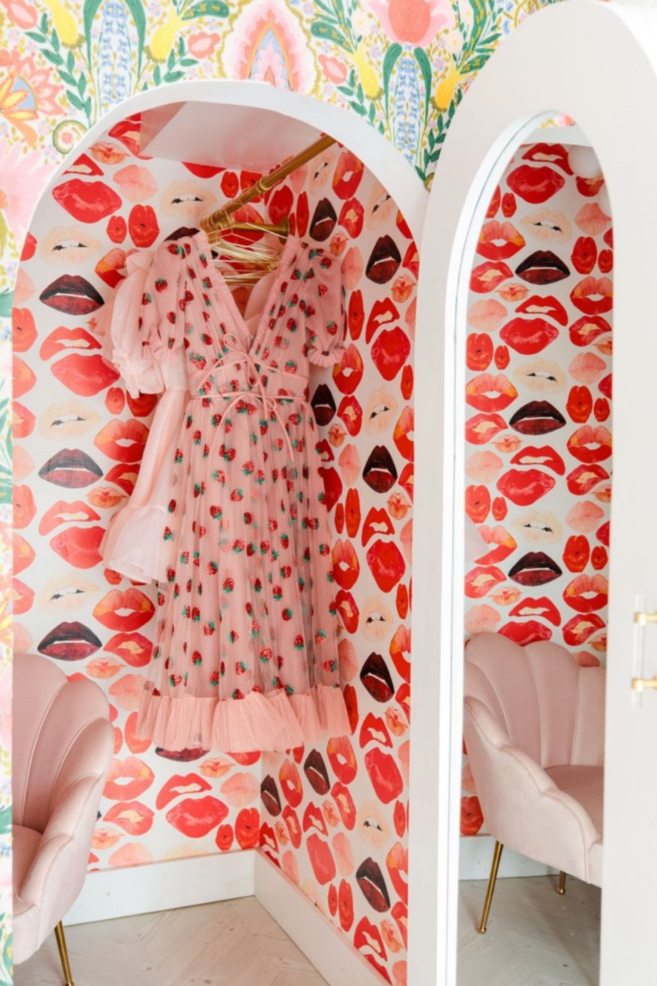 Girly dressing area colorful closet lipstick wallpaper vanity area 

#LTKHome