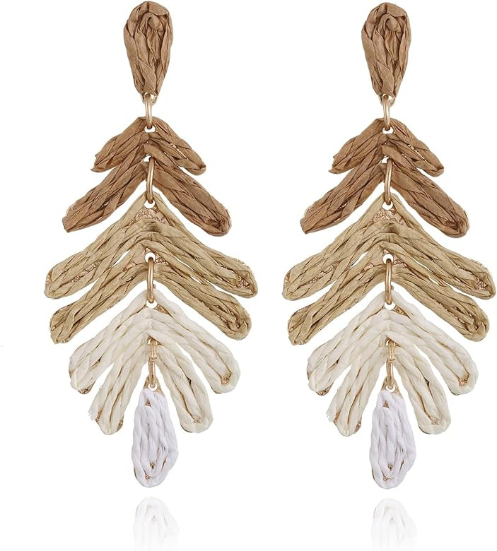 Raffia Long Palm Leaf Earrings, Colorful Handmade Rattan Leaf Drop Dangle Earrings Summer Tropica... | Amazon (US)