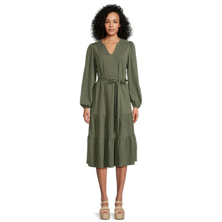 Time and Tru Women's Long Sleeve Textured Midi Dress | Walmart (US)