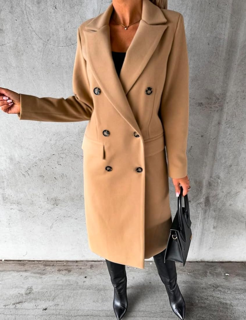 IDEALSANXUN Womens Long Wool Coat Double Breasted Trench Coat Fall Winter Clothes | Amazon (US)