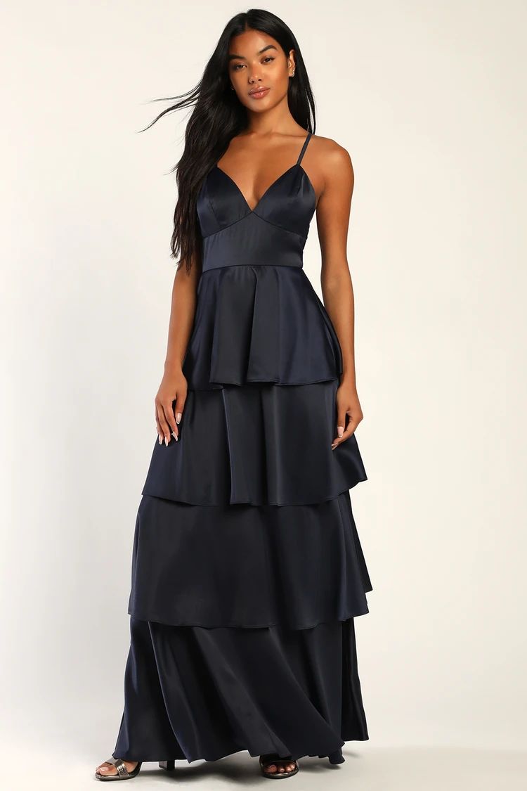 Going with Elegance Navy Blue Satin Tiered Maxi Dress | Lulus