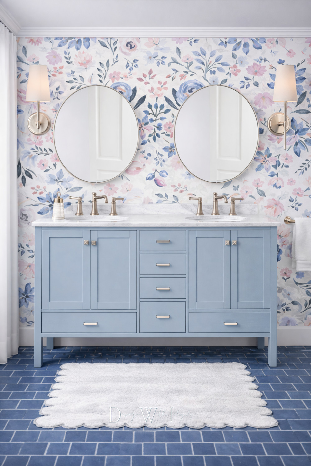 Soft blues, romantic florals, and classic symmetry come together in this beautifully layered double vanity design. The tailored cabinetry grounds the space with timeless structure, while the floral wallpaper adds movement and a touch of charm. Paired mirrors, warm metal fixtures, and a crisp countertop create balance and continuity, making this bathroom feel both refined and welcoming.

This design was inspired by a digital mood board and generated through AI as a source of visual inspiration, highlighting how thoughtful color palettes and classic details can elevate everyday spaces. Tap through to shop the look on LTK and explore the pieces that bring this bathroom together.

Shop the look on LTK.

#bathroomdesign #interiordesign #shopthelook 

 #LTKHome