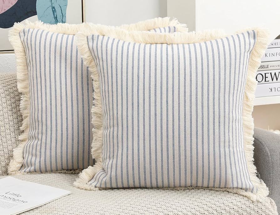 NUYECY Set of 2 Light Blue Boho Throw Pillow Covers 18 x 18,Cotton Neutral Pillow with Tassel Fri... | Amazon (US)