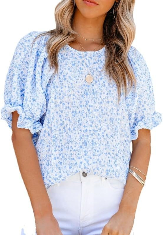 ASHER FASHION Womens Blouses Dressy Casual Spring Floral Print Crewneck Smocked Puff Short Sleeve... | Amazon (US)