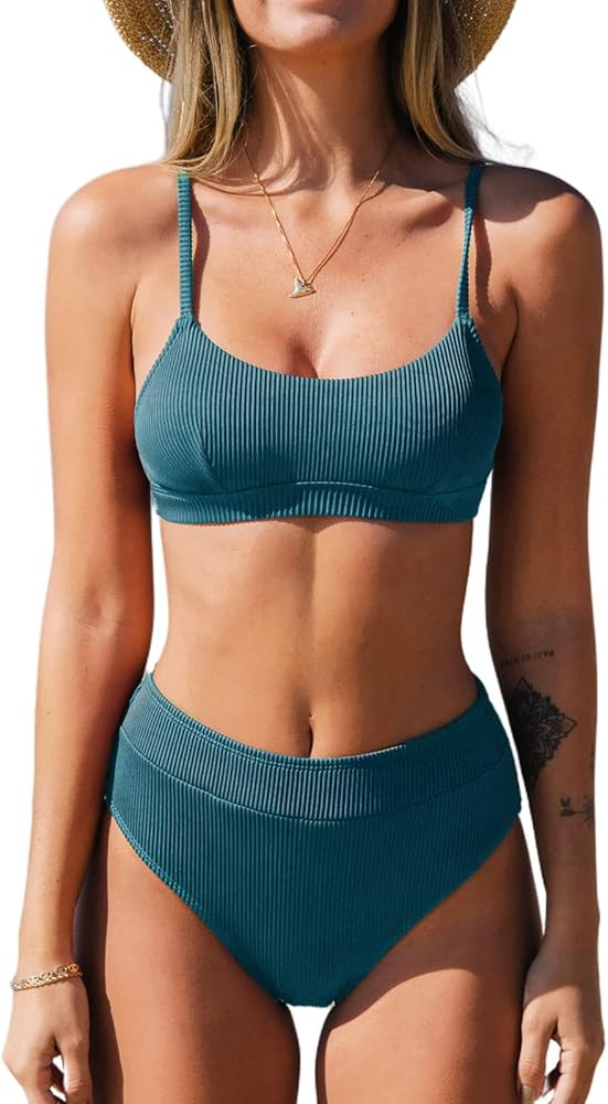 CUPSHE Women's Bikini Set Two Piece Swimsuit High Waisted Scoop Neck Swimwear | Amazon (US)