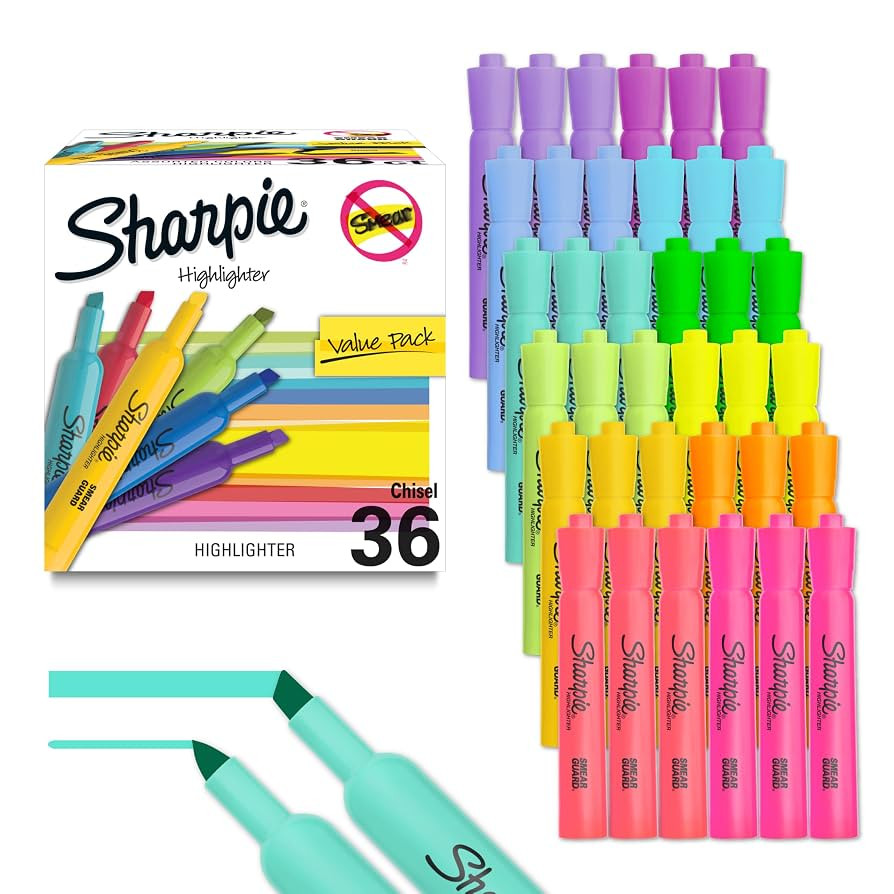 Sharpie Tank Highlighters, Chisel Tip, 12 Assorted Fashion Colors, Chisel Tip, Value Pack, 36 Cou... | Amazon (US)