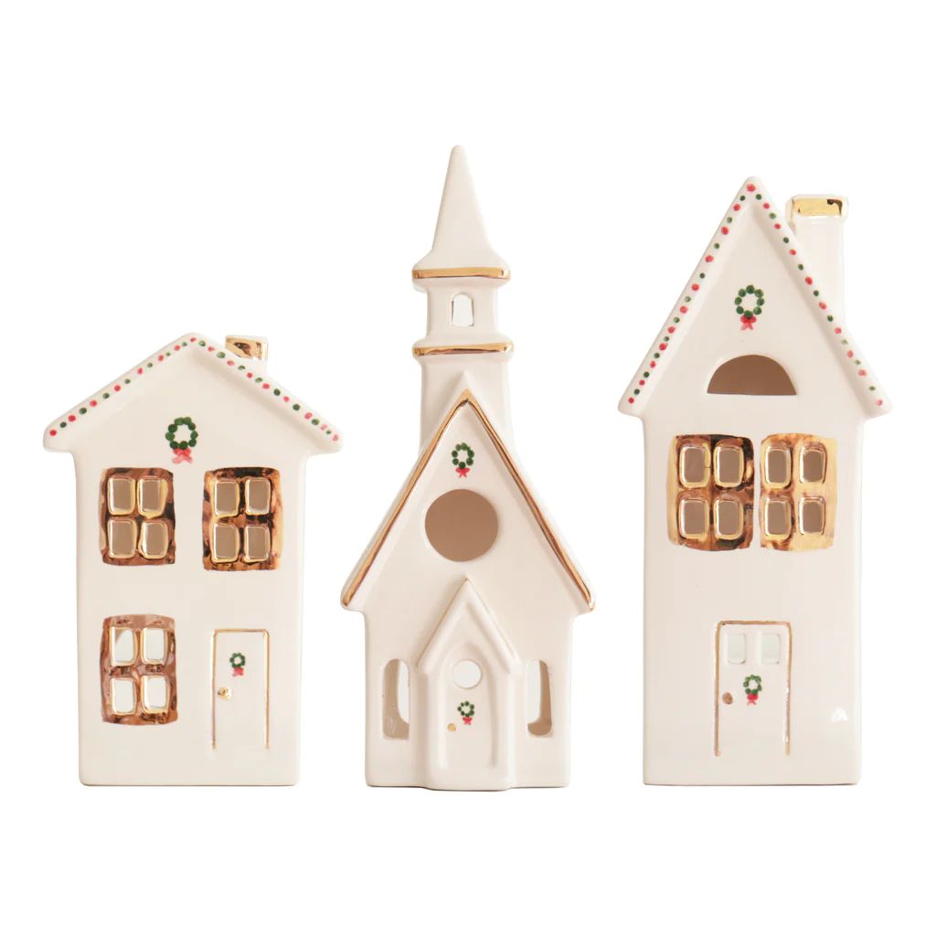 Ivory Christmas Village 3-Piece Set with 22K Gold Accents | Lo Home by Lauren Haskell Designs