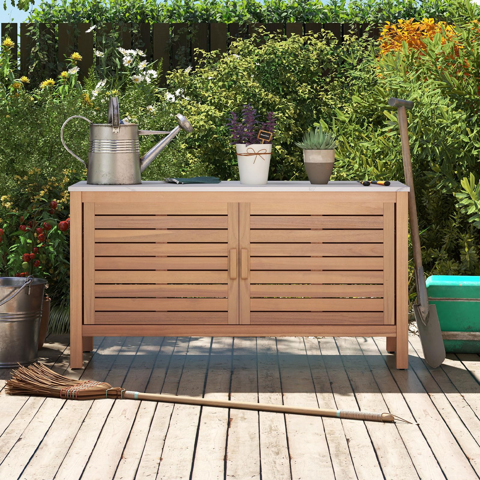 Amazon.com : Goplus Patio Storage Cabinet, 2-Door Acacia Wood Console Table with Faux Marble Top, Outdoor Wooden Sideboard for Deck, Garden, Backyard & Entryway : Home & Kitchen | Amazon (US)