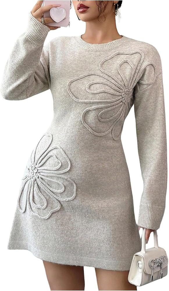 Verdusa Women's Floral Jacquard Sweater Dress Elegant Long Sleeve Short A Line Dresses Fall Cloth... | Amazon (US)