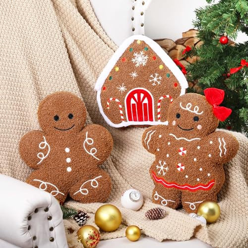 Oudain 3 Pcs Christmas Gingerbread Pillows Plush Faux Gingerbread House Man Throw Pillows Christmas Ginger Bread Decor for Xmas Holidays Winter Party Home Sofa Couch Bedroom Living Room | Amazon (US)