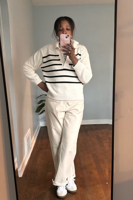 Spring off white outfit white jeans striped sweater adidas samba 

#LTKstyletip #LTKworkwear #LTKSeasonal