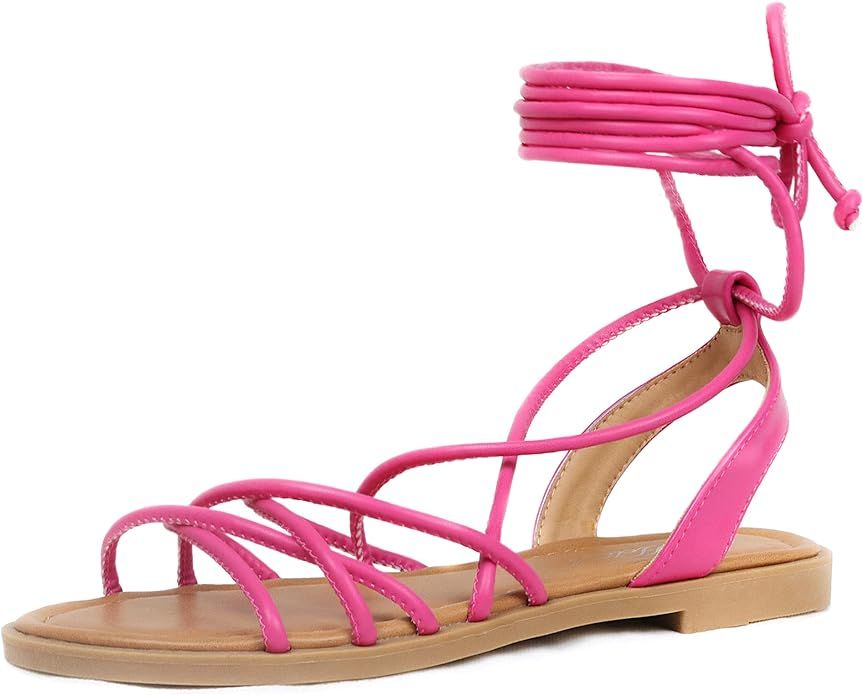 Women's Cross Lace Up Gladiator Sandals, Ankle Wrap Strappy Flats Sandals for Women | Amazon (US)