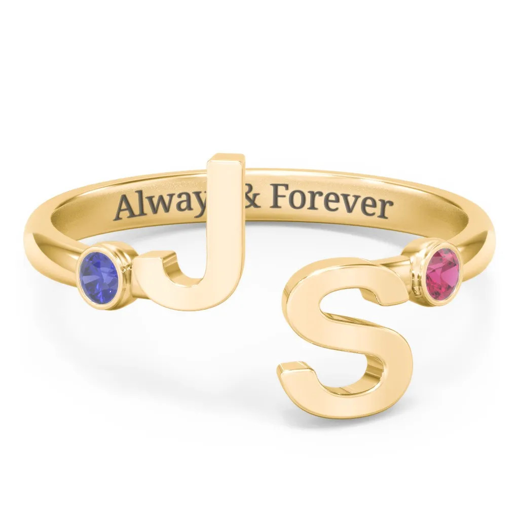 Double Initial Open Cuff Ring with Birthstones | Jewlr