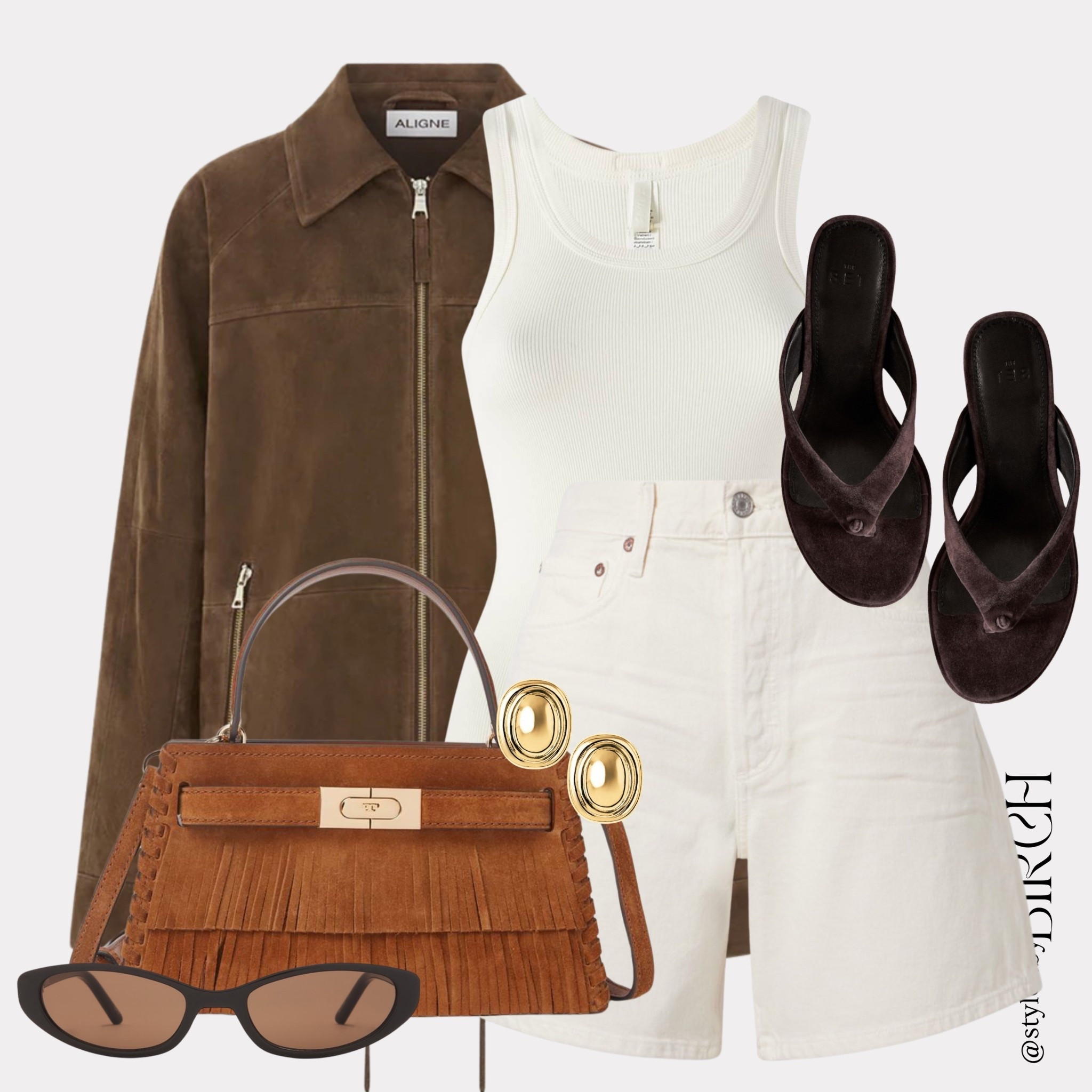 Suede in summer is a bit of a wild card but there is something so luxurious about it 🤎

The brown suede jacket over cream and white is such an effortless combination. Add those dark brown suede flip flops and suddenly the whole outfit feels elevated and completely intentional. This is quite luxury done perfectly.

#ootd #outfitinspo #suedestyle #summerluxury #chicstyle

Tags 🏷️
Brown suede zip jacket, cream ribbed tank top, white linen shorts, tan suede fringe bag, dark brown suede flip flops, gold oval earrings, brown oval sunglasses

#LTKsummer #LTKfestival #LTKeurope